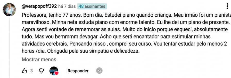 comentário da aluna Vera de 77 anos sobre o curso