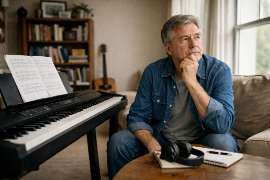 homem de 60 anos pensativo sobre as músicas que marcaram sua vida em frente ao teclado